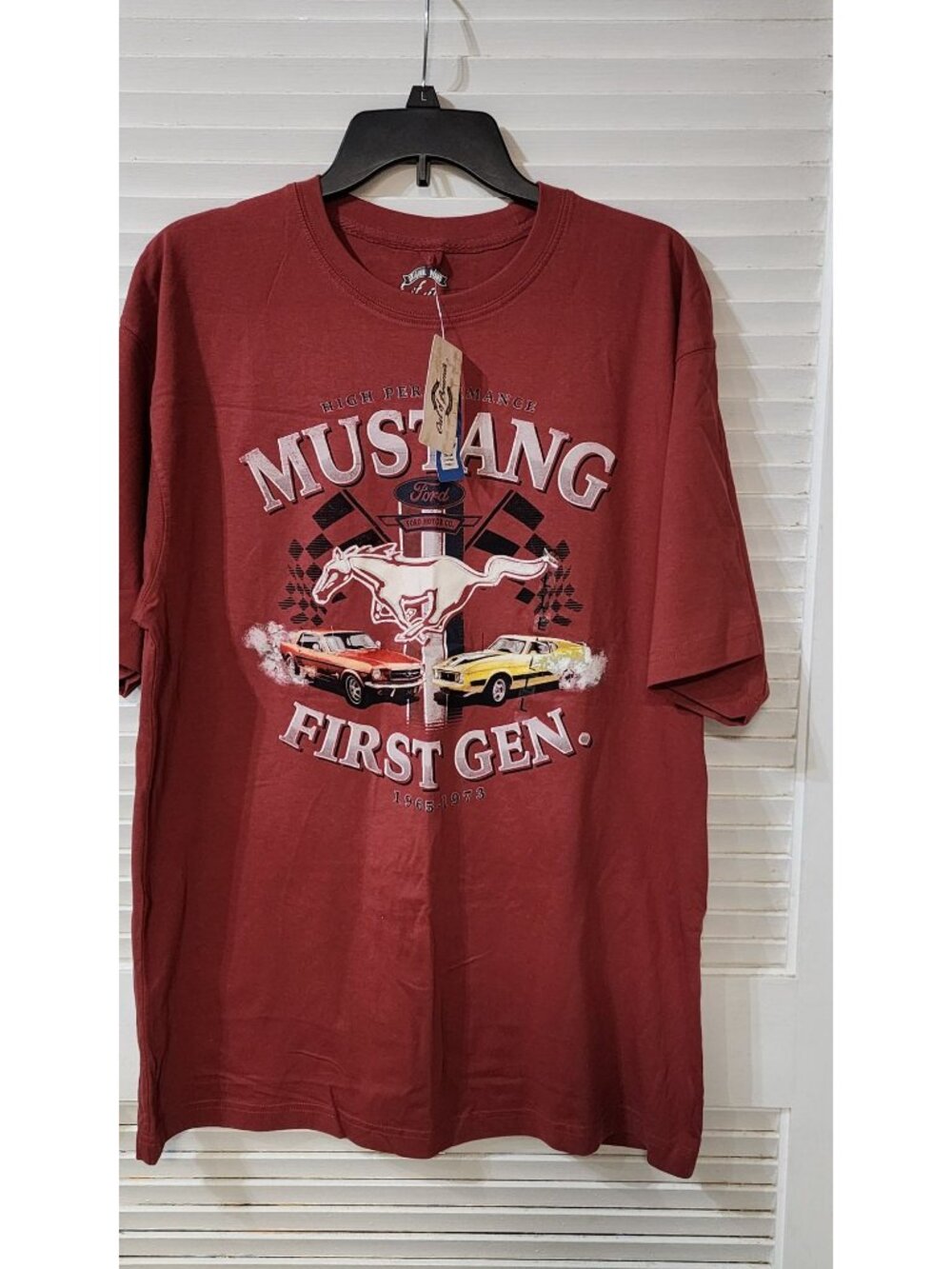 FORD MUSTANG FIRST GEN T SHIRT TEE LARGE OUT OF BOUNDS BREAKING RULES CORTEZ RED